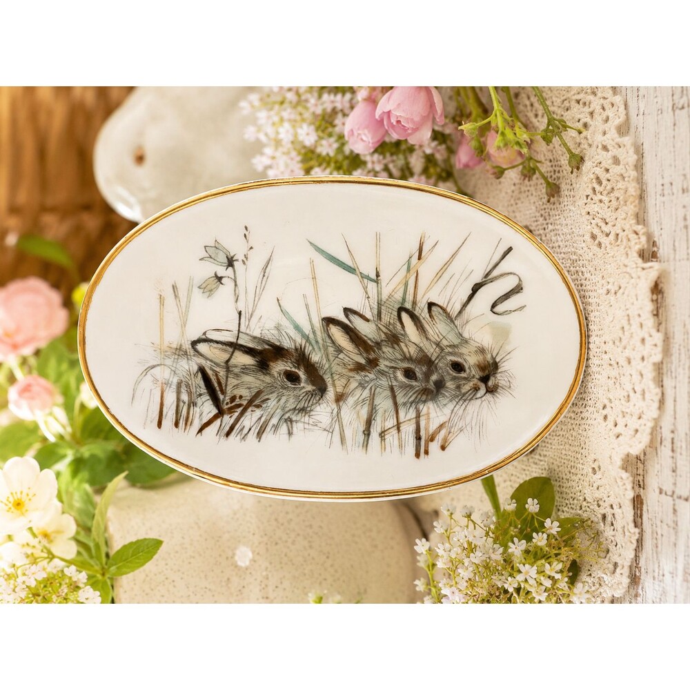 Vintage Gien France Bunny Rabbit Oval Trinket Soap Dish Woodland Cottagecore